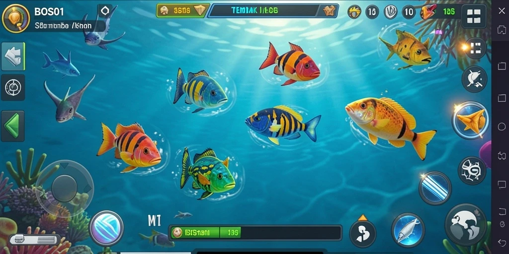 Screenshot utama menunjukkan aksi seru menembak ikan di laut.