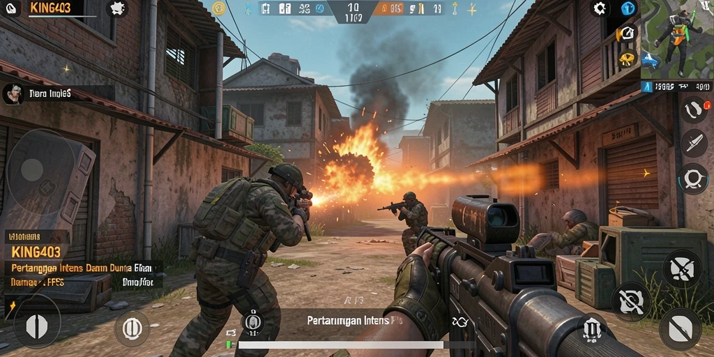 Screenshot KING403 menampilkan aksi tembak-menembak yang intens.