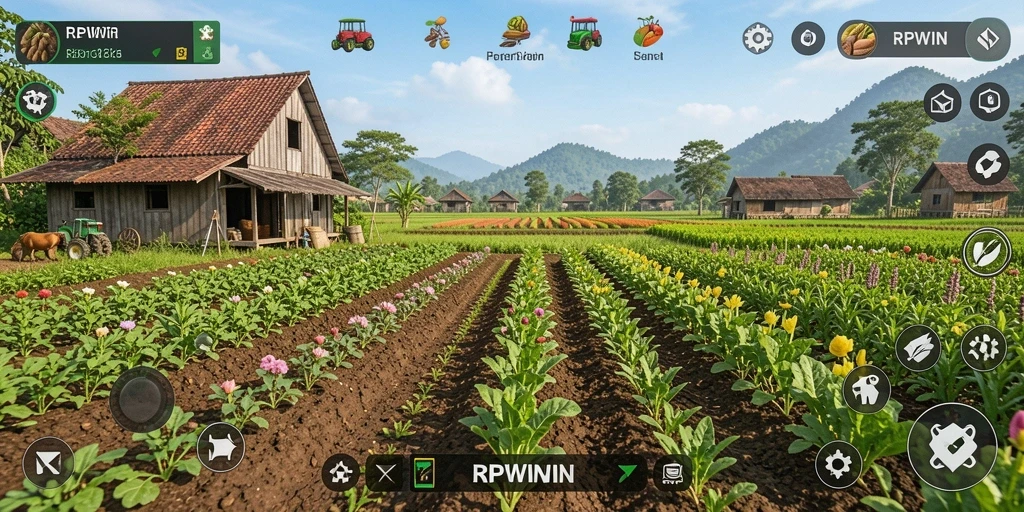 Tangkapan layar menunjukkan gameplay menarik RPWIN dengan ladang yang subur.